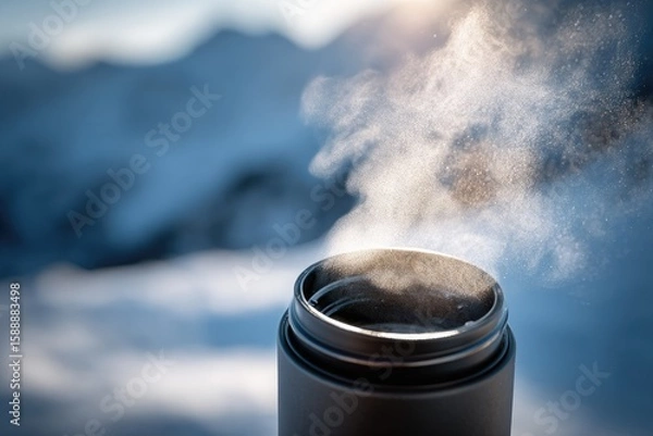 Fototapeta Steaming mug in snowy mountain setting