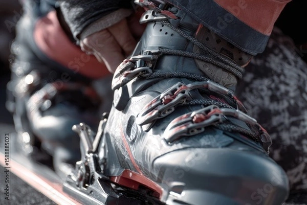 Fototapeta Close-up of ski boot being laced
