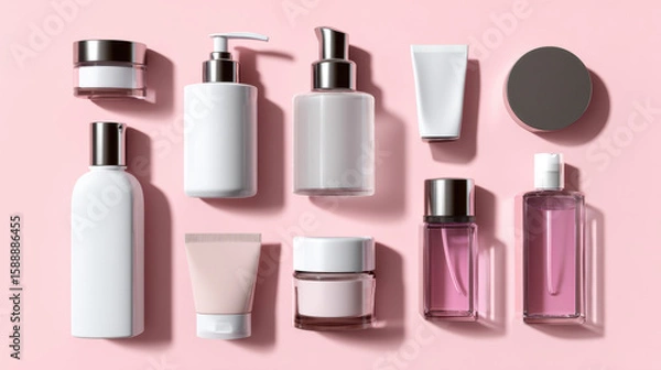 Fototapeta Collection of assorted cosmetic containers and beauty products displayed neatly on a pink background, ideal for skincare and makeup branding.