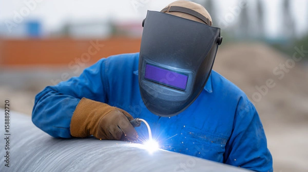 Fototapeta Welder Man in Safety Gear Performing Arc Welding on Large Metal Pipe Outdoors for Construction and Engineering Projects