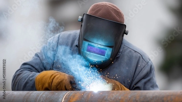 Fototapeta Skilled Welder Wearing Protective Mask Welding Metal Pipe with Precision and Expertise in Industrial Setting Outdoors