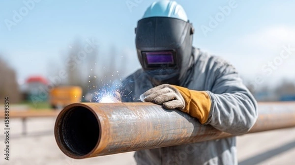 Fototapeta Man Welding Pipe at Construction Site Under Bright Sun with Protective Gear and Electric Sparks Visible