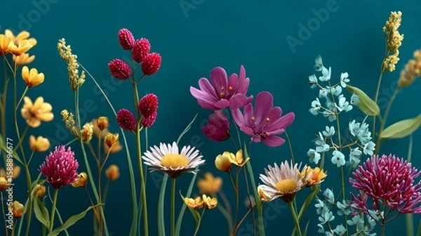 Fototapeta Colorful Floral Arrangement with Various Flower Species Against a Teal Background