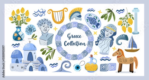 Obraz Greece Collection Hand drawn Mediterranean illustrations inspired by Greece architecture, statues, olive branches, lemons, pottery, sea elements, and mythical vibes.