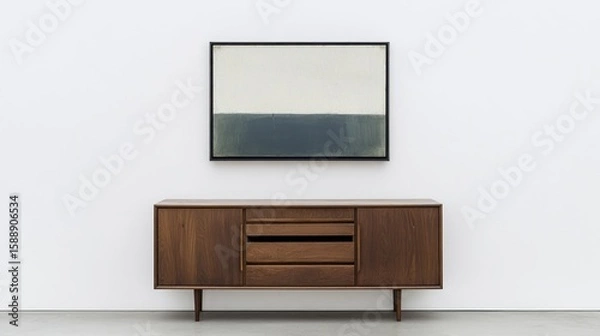 Fototapeta Minimalist Display: Modern Wooden Buffet and Abstract Art