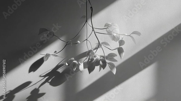 Obraz Black and white photograph of a plant hanging from a wire. the plant has multiple leaves that are arranged in a way that they are overlapping each other.