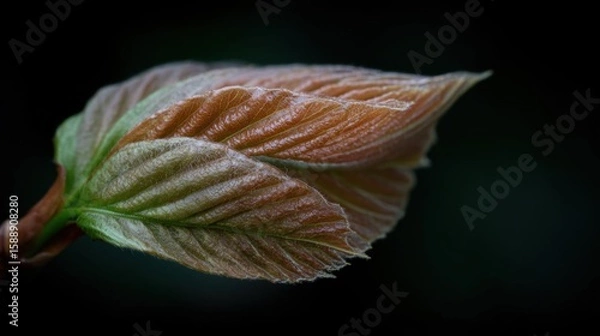Obraz Close-up of a leaf. the leaf is elongated and has a pointed tip. the color of the leaf is a warm orange-brown, with darker brown veins running through it.