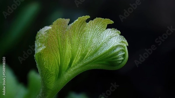 Obraz Close-up of a green leaf with water droplets on it. the leaf appears to be a fern or a similar type of leaf, with a pointed tip and a serrated edge.