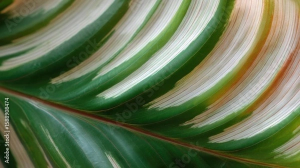Obraz Close-up of a leaf with a striped pattern. the leaf is green and has a glossy texture. the stripes are evenly spaced and run diagonally across the leaf, creating a wave-like effect.