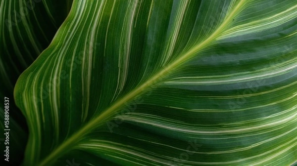 Obraz Close-up of a large, green leaf with thin, wavy lines. the leaves are arranged in a radial pattern, creating a sense of depth and dimension.