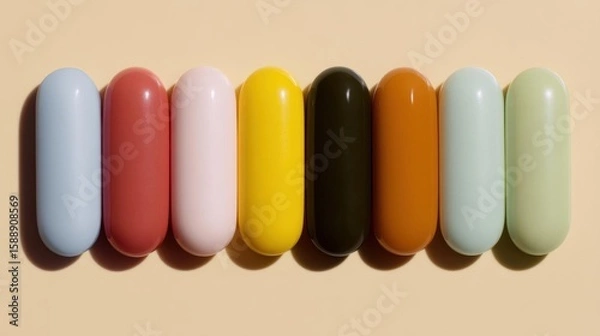 Obraz Row of six oval-shaped objects arranged in a diagonal line on a beige background. the objects are of different colors - blue, pink, red, yellow, orange, green, and light green.