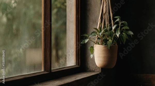 Obraz Potted plant hanging on a window sill. the plant is a fern with green leaves and is in a woven basket. the basket is hanging from a rope that is tied in a knot at the top.