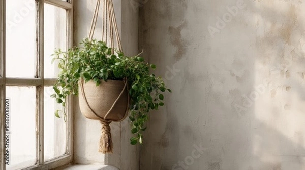 Obraz Potted plant hanging on a window sill. the plant is a succulent with green leaves and is in a woven basket with a tassel hanging from the bottom.