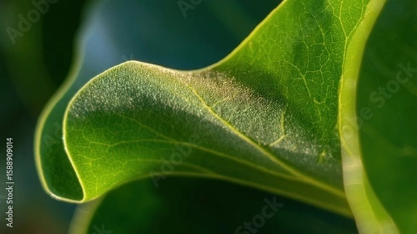 Obraz Close-up of a green leaf. the leaf appears to be fresh and healthy, with a glossy texture. the edges of the leaf are slightly curled, and there is a small indentation in the center.