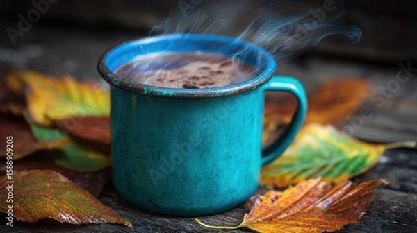 Fototapeta Steaming mug of hot cocoa surrounded autumn leaves