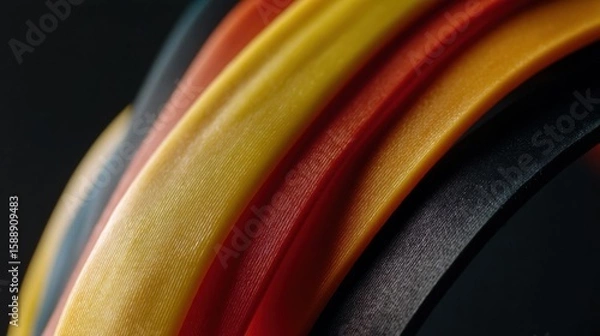Obraz Close-up of a group of colorful ribbons. the ribbons are arranged in a horizontal line, with each ribbon having a different color - yellow, orange, red, blue, and black.