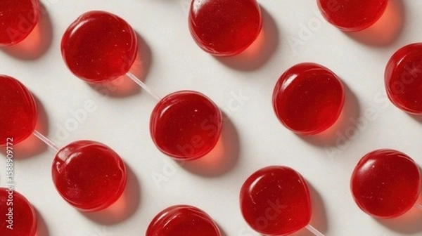 Obraz Group of red lollipops arranged in a random pattern on a white background. the lollipop in the center of the image is round and has a smooth texture.