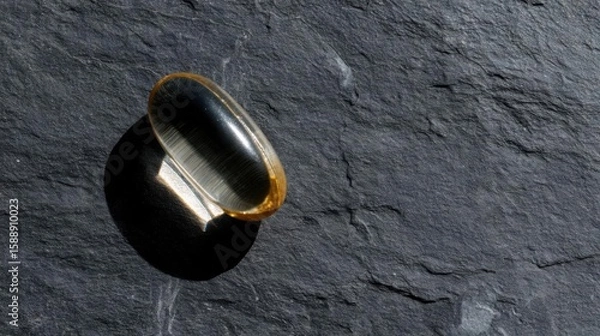 Obraz Single, oval-shaped object lying on a dark, textured surface. the object appears to be made of a shiny, metallic material, possibly gold or silver, and has a smooth, polished finish.