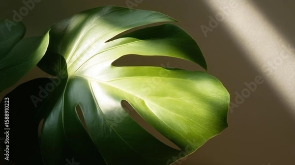 Obraz Close-up of a large, green leaf with a unique shape. the leaf appears to be a monstera deliciosa, a type of tropical plant.