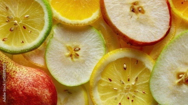 Obraz Close-up of a pile of sliced fruits. there are several slices of different types of fruits, including apples, oranges, lemons, and pears.