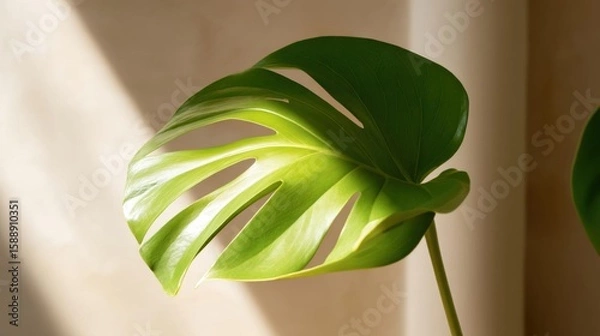 Obraz Close-up of a large, green leaf with a long stem. the leaf appears to be a monstera deliciosa plant, with large, oval-shaped leaves that have a glossy texture.