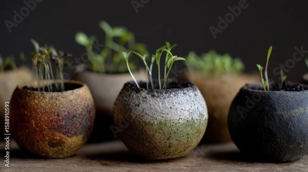 Obraz Group of small potted plants arranged in a row on a wooden surface. there are six pots in total, each with a unique design and color.