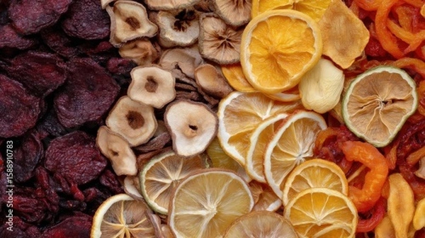 Obraz Close-up of a pile of dried fruits and vegetables. on the left side of the image, there are several slices of orange, yellow, and red fruit, which appear to be dried cranberries or raisins.
