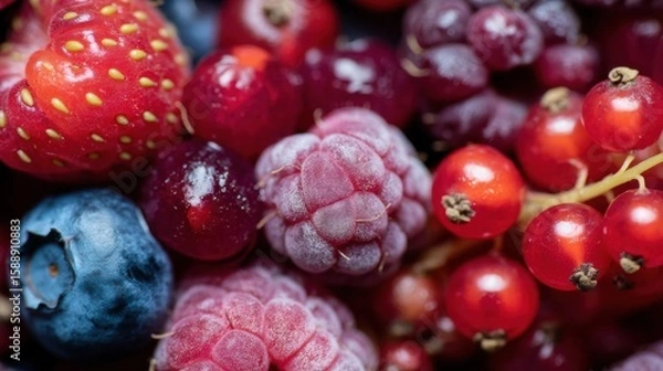 Obraz Close-up of a pile of fresh berries. there are a variety of berries in the image, including strawberries, blueberries, raspberries, and red currants.