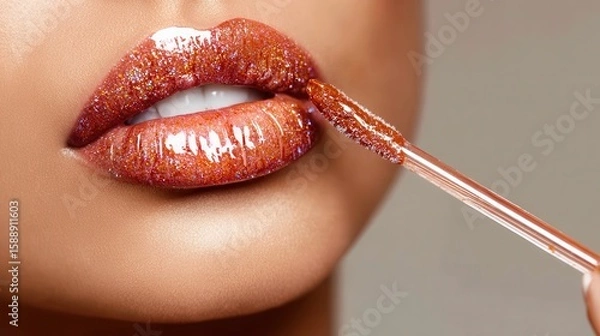 Fototapeta Shimmering lip gloss application close-up with brush