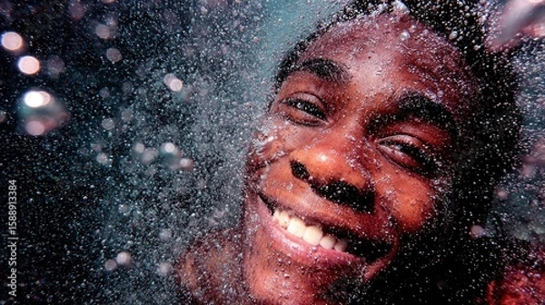 Fototapeta Smiling boy underwater with bubbles sunlight
