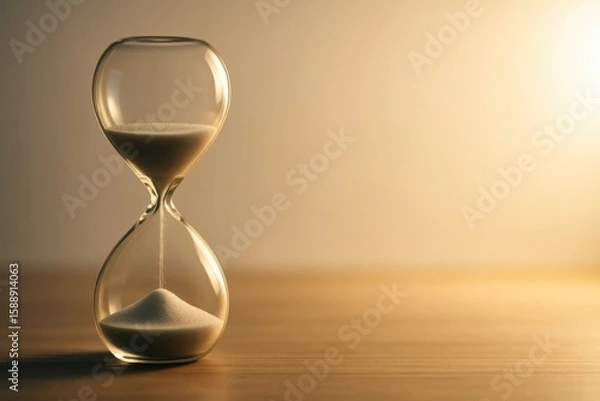 Obraz Glass hourglass with white sand on wooden surface lit by warm light symbolizing time management deadlines and productivity focus