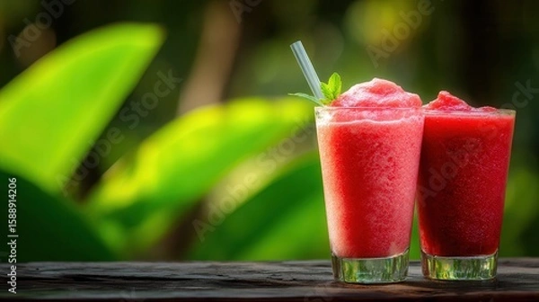 Fototapeta Refreshing strawberry smoothies in nature setting