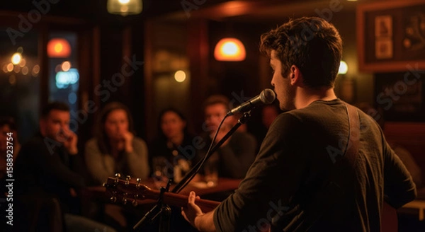 Obraz Open Mic Night. Live music performance in cozy pub with young guitarist singing on stage in ambient light. Bar Night, World Music Day, International Artist Day, Make Music Day, Friendship Day
