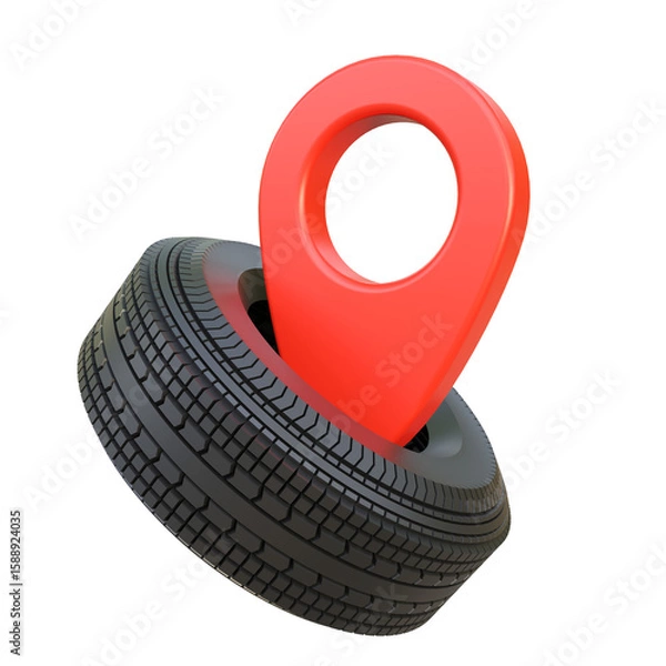 Fototapeta Red map pointer with car wheel on a isolated background. Service location concept tire and map pin. Car wheels service concept. Trasportation, navigation, travel or trip elements.