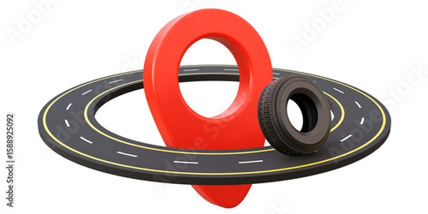 Fototapeta Asphalt road around the red map pin with wheel. Circle road with location pointer symbol and car tire isolated. Trasportation, navigation, travel or trip elements.