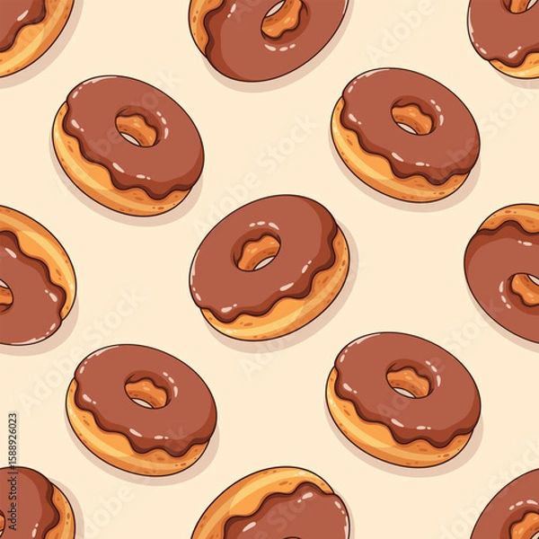 Fototapeta Cartoon donuts with chocolate glaze on beige background. Vector seamless pattern.