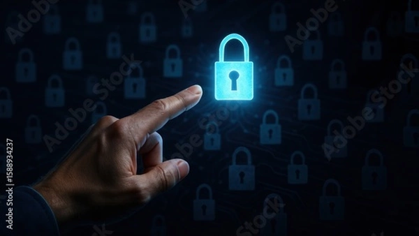 Fototapeta A hand points at a glowing cyan blue lock icon,surrounded by dimmed digital locks in a vast network, symbolizing control in digital security, bank safety and protection