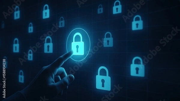 Fototapeta A hand reaches toward a digital interface with floating lock icons in a cyberpunk setting, symbolizing secure interaction, bank safety and protection