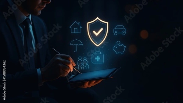 Fototapeta Business professional using a tablet bank saftey icons above it, representing digital protection and security, bank safety and protection
