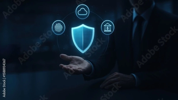 Fototapeta Business professional holds hand flat with a glowing digital shield above it, bank safety and protection
