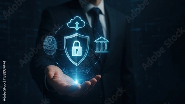Fototapeta A businessman hand toward a holographic shield with a glowing lock, surrounded by financial icons in a high tech environment, bank safety and protection