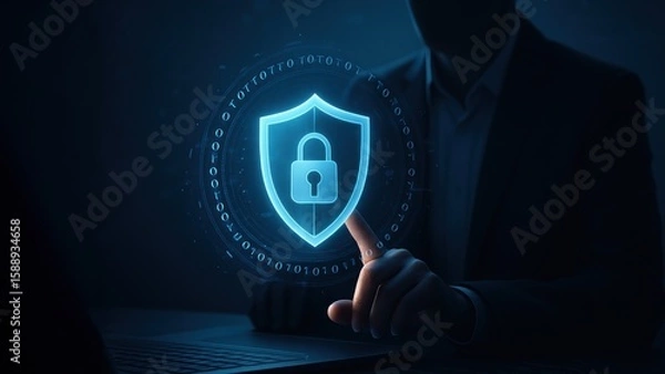 Fototapeta Businessperson interacts with a glowing holographic shield and binary code, representing data protection and digital safety, bank safety and protection