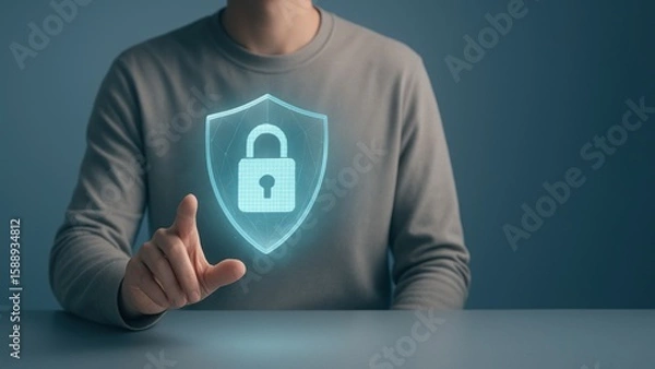 Fototapeta Seated person interacts with a floating holographic shield and padlock, representing cybersecurity in a calm, bank safety and protection