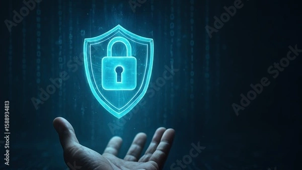 Fototapeta Hand holding a 3d holographic shield with a glowing padlock surrounded by binary code, symbolizing secure digital interaction, bank safety and protection