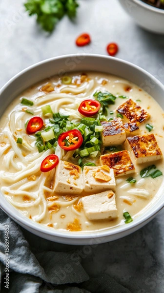 Fototapeta Tofu and enoki noodle soup with sliced tofu steak, grilled mushrooms, topped with red chili slices and chopped spring onions.