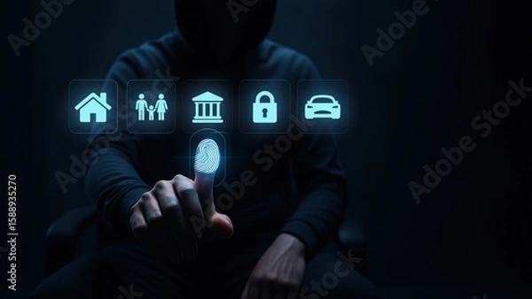 Fototapeta A dark hooded figur tap thumb on virtual biometric scanner with floating digital icons symbolizing bank safety and protection