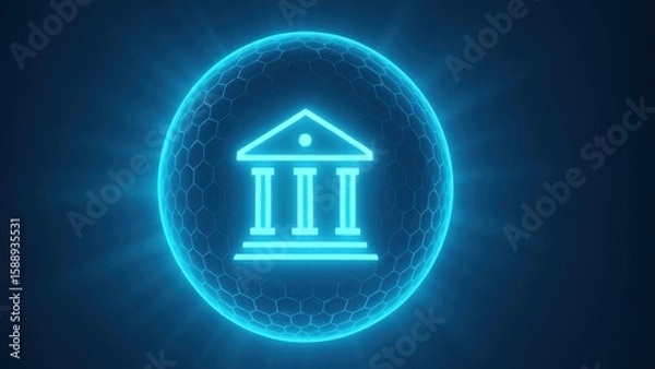 Fototapeta Abstract bank icon glowing orb with hexagonal patterns, cool toned environment, bank safety and protection