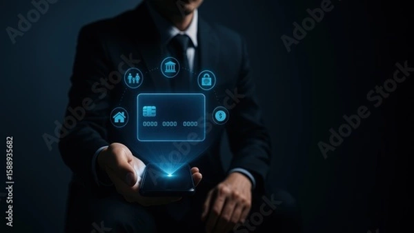 Fototapeta A businessman using smartphone with a glowing virtual credit card and floating icons, emphasizing modern security and innovation in digital finance, bank safety and protection