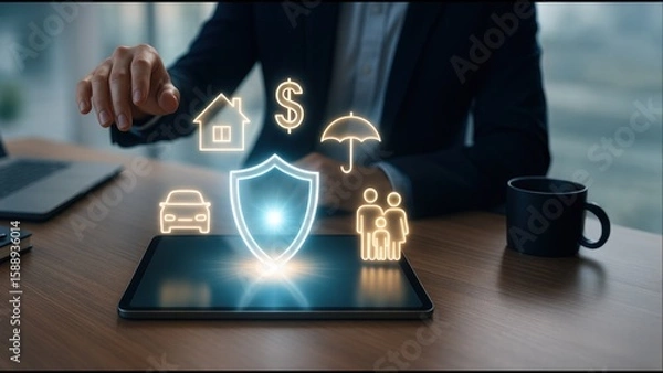 Fototapeta Businessman interacts with tablet displaying floating financial icons with shield, bank safety and protection