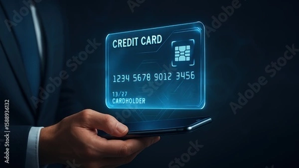 Fototapeta A businessperson holding smartphone with interactive virtual credit card, emphasizing digital finance and security, bank safety and protection